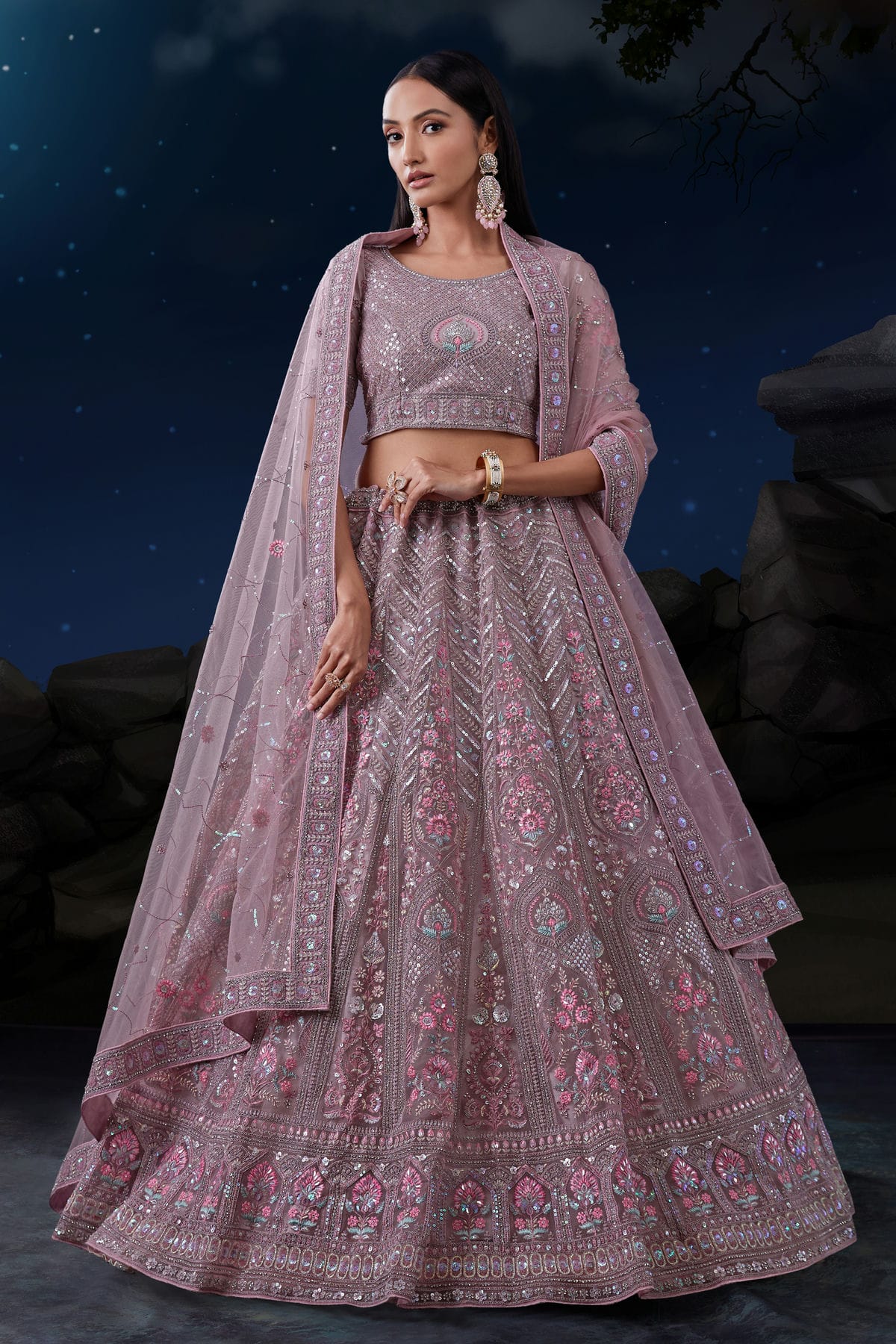 Lavender Colour Embroidery Soft Net Lehenga Choli