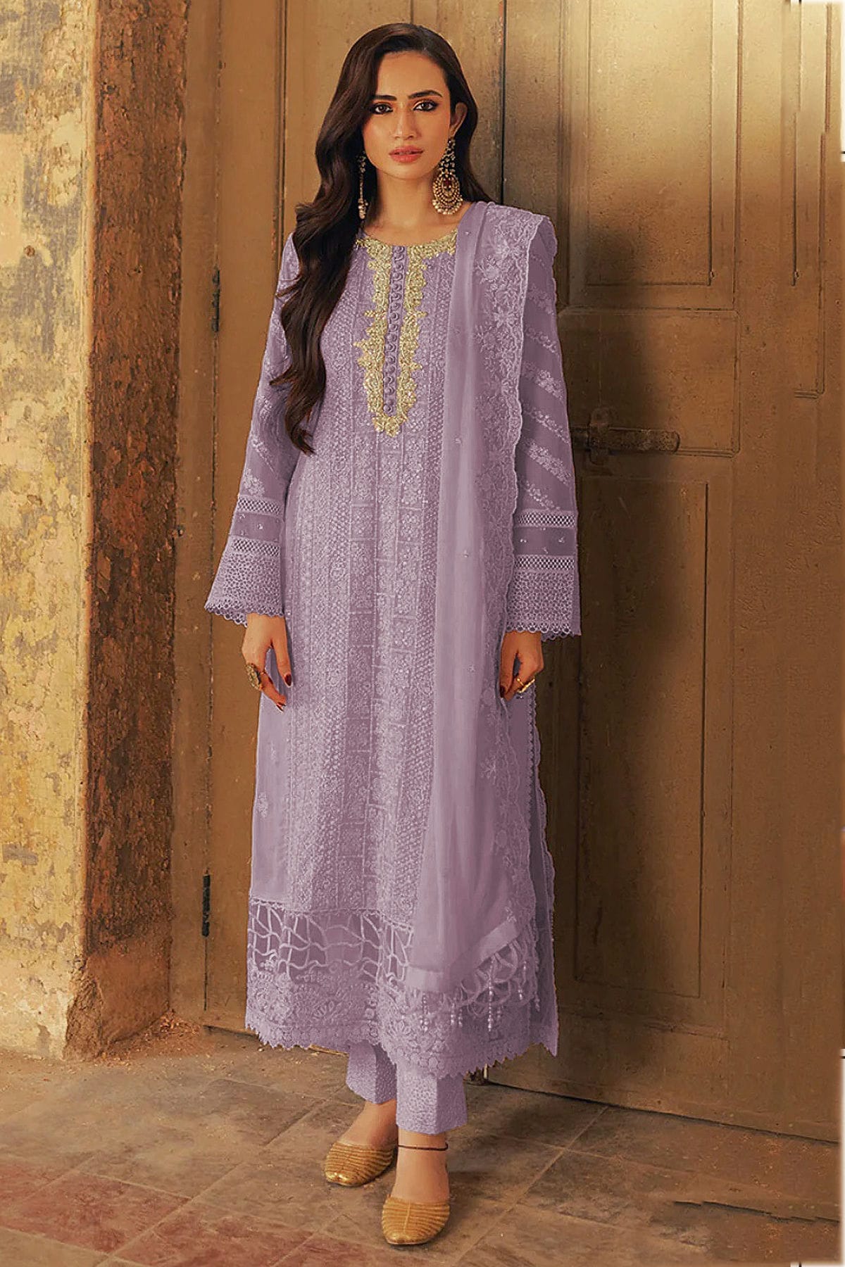 Lavender Colour Faux Georgette Semi Stitched Pakistani Suit