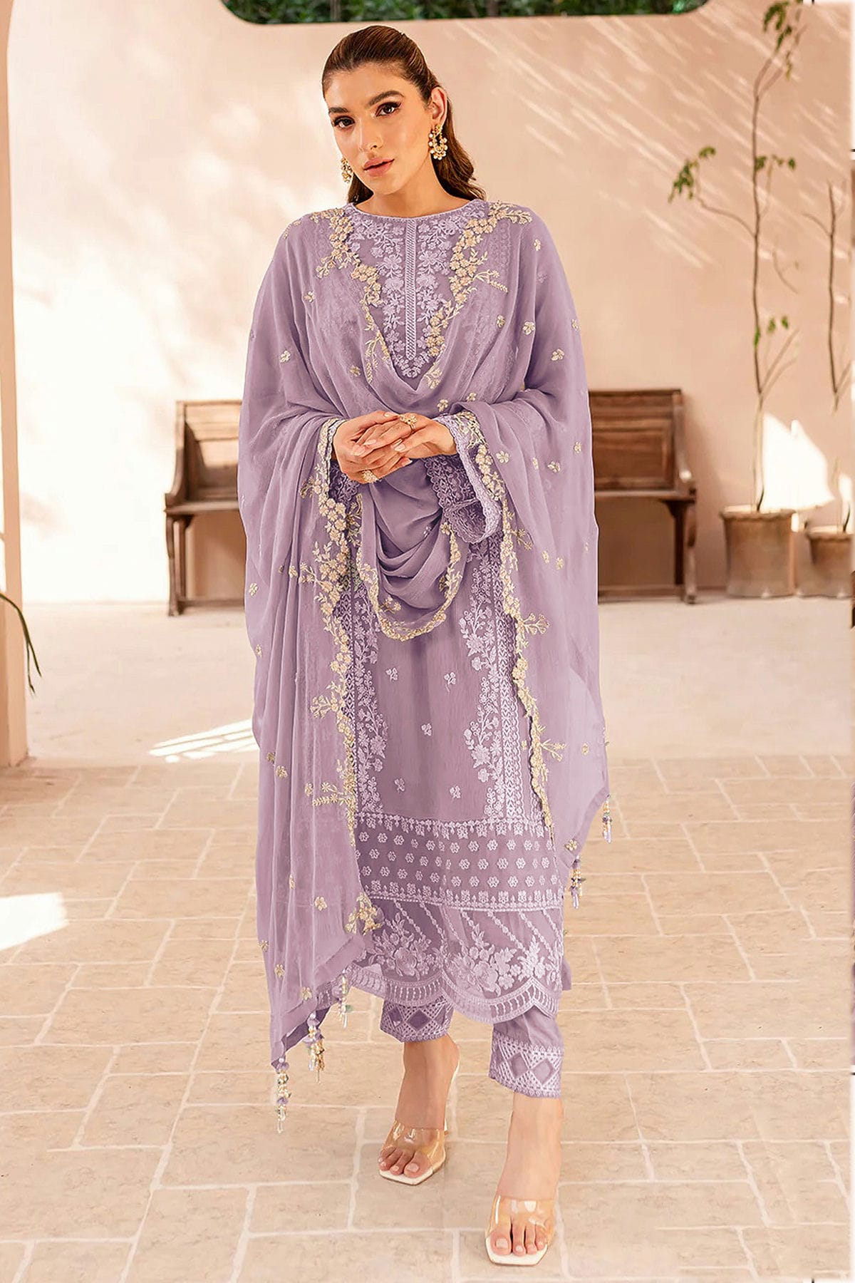 Lavender Colour Faux Georgette Semi Stitched Pakistani Suit