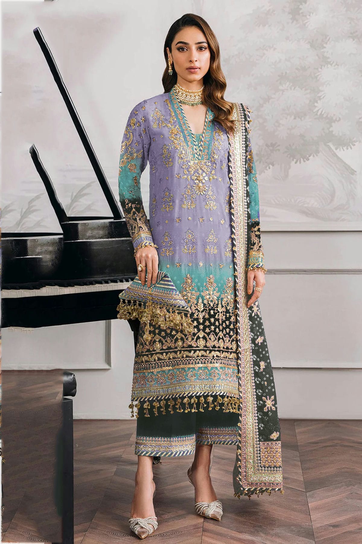 Lavender Colour Faux Georgette Semi Stitched Pakistani Suit