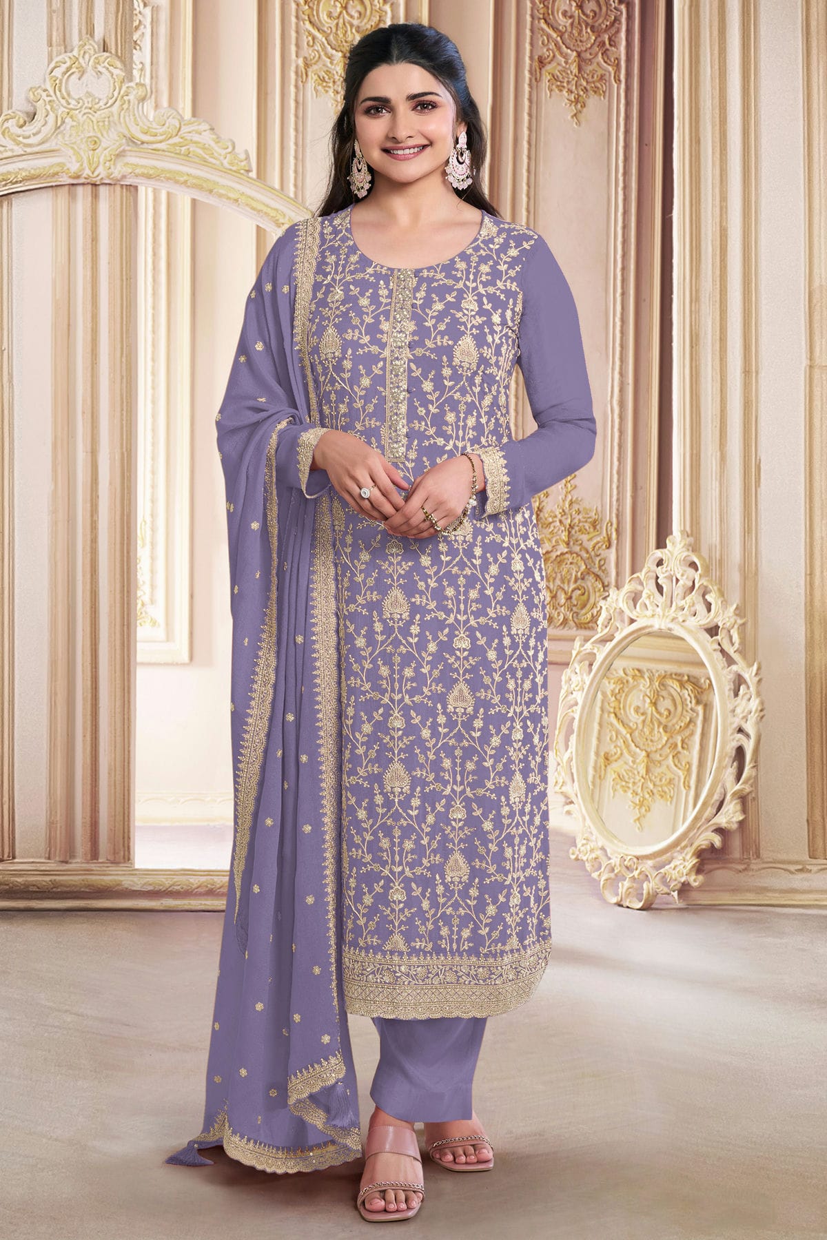 Lavender Colour Faux Georgette Semi Stitched Pant Style Suit