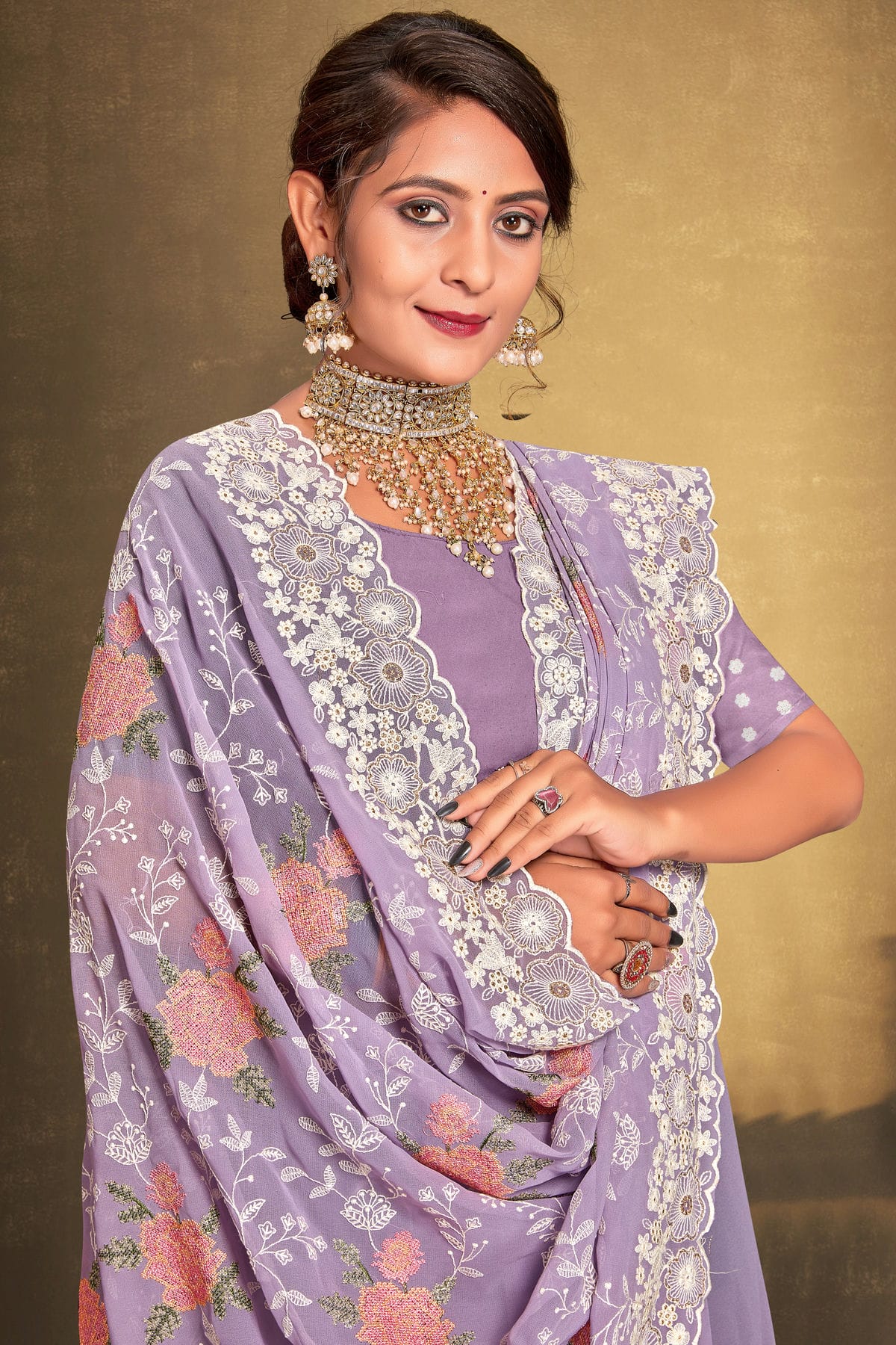 Lavender Colour Georgette Designer Saree