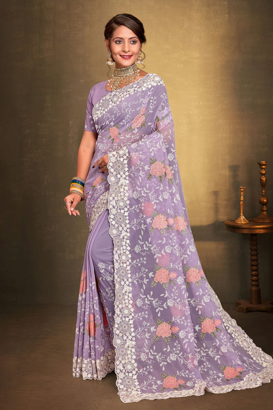 Lavender Colour Georgette Designer Saree