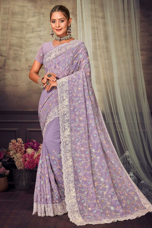 Lavender Colour Georgette Designer Saree