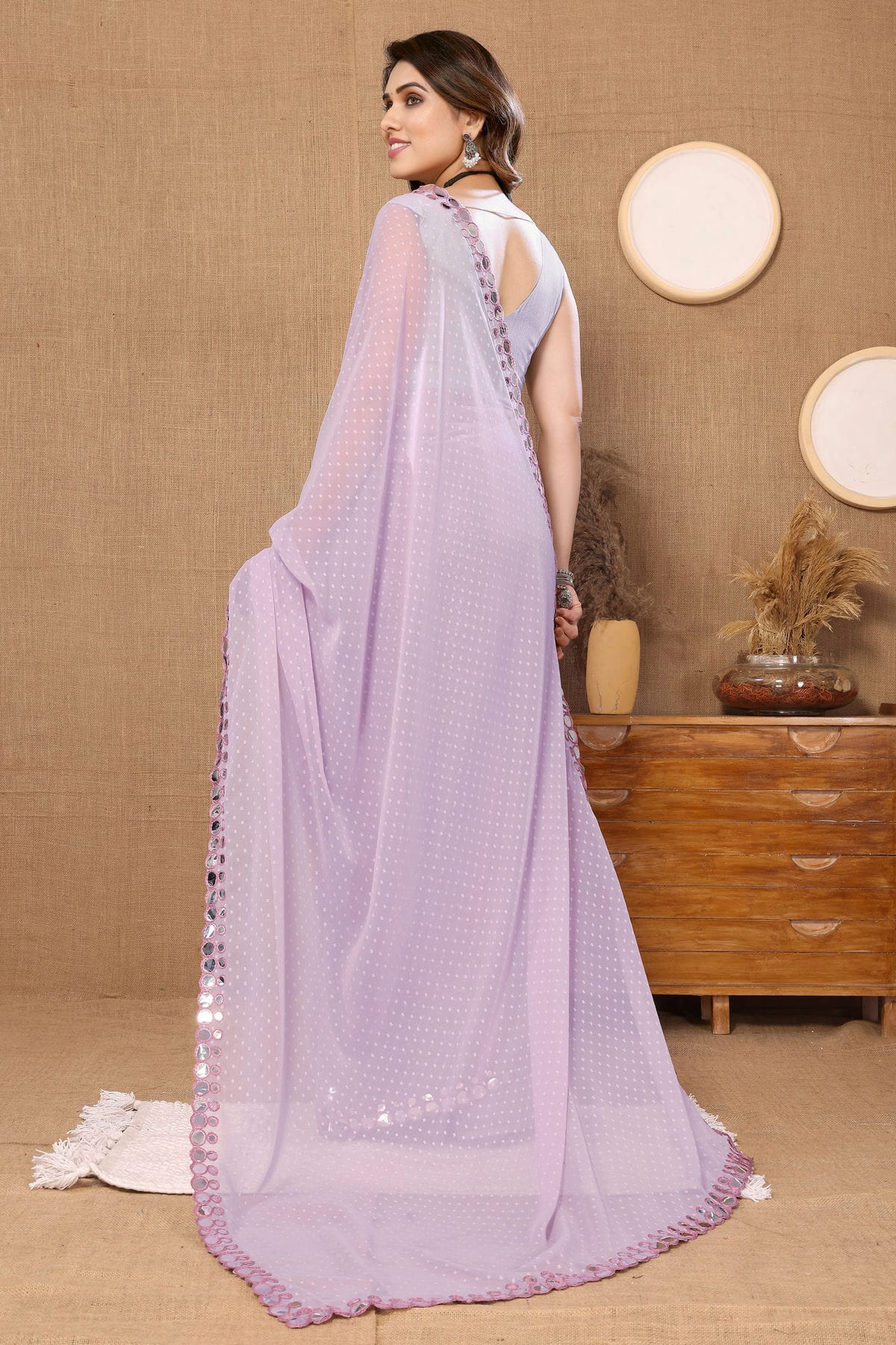 Lavender Colour Georgette Mirror Work Saree