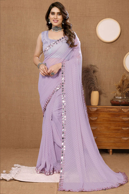 Lavender Colour Georgette Mirror Work Saree