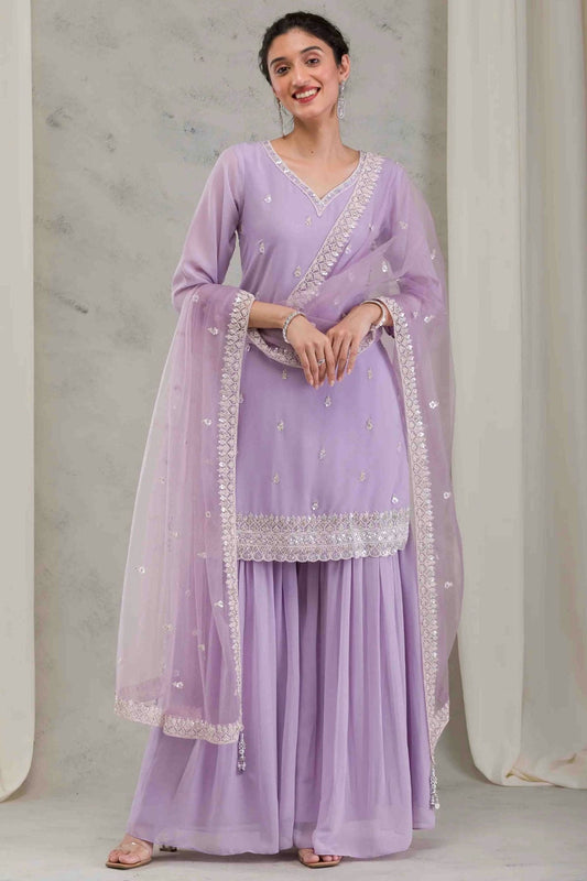 Lavender Colour Georgette Stitched Sharara Suit VSSS1140774