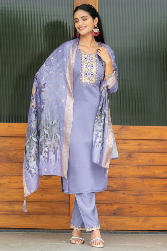 Lavender Colour Modal Silk Stitched Suit