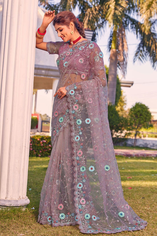 Lavender Colour Net Designer Saree