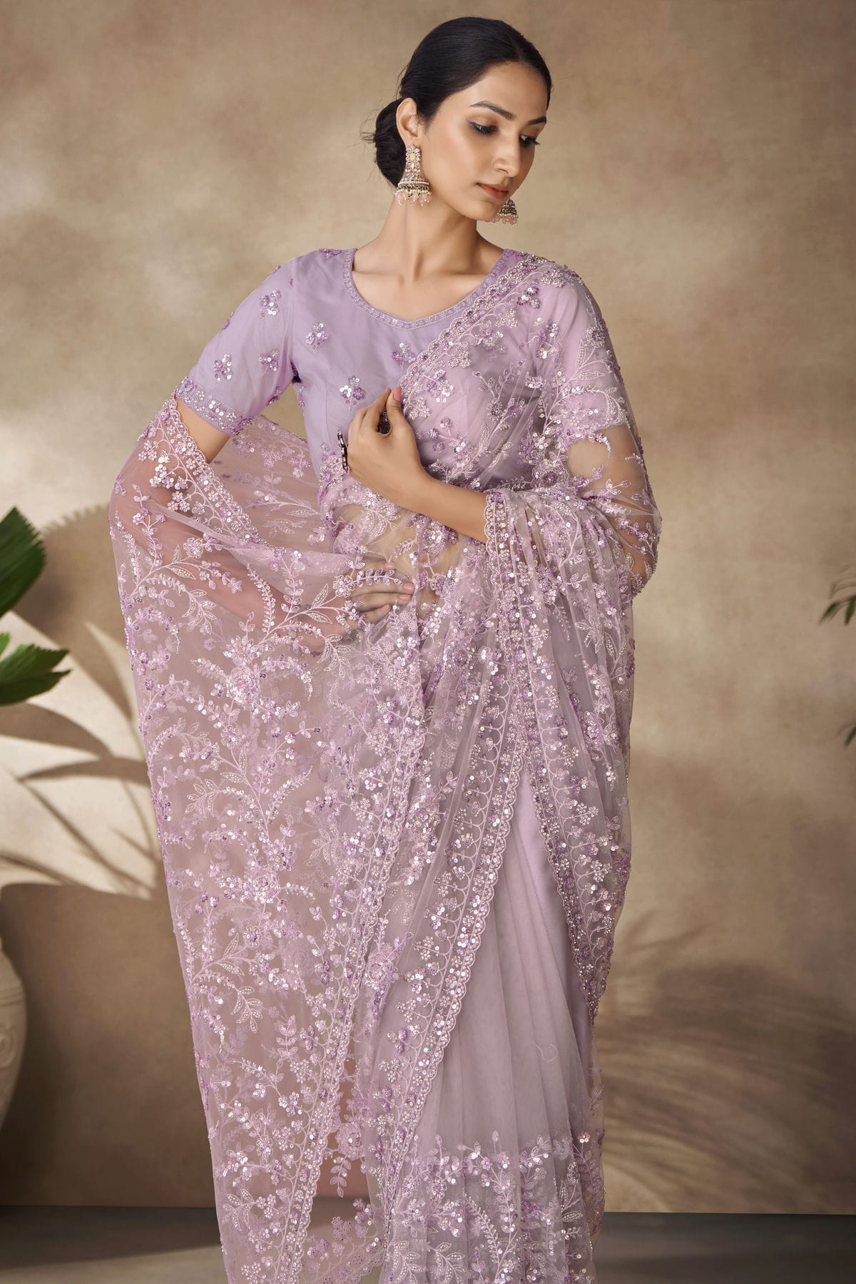 Lavender Colour Net Designer Saree