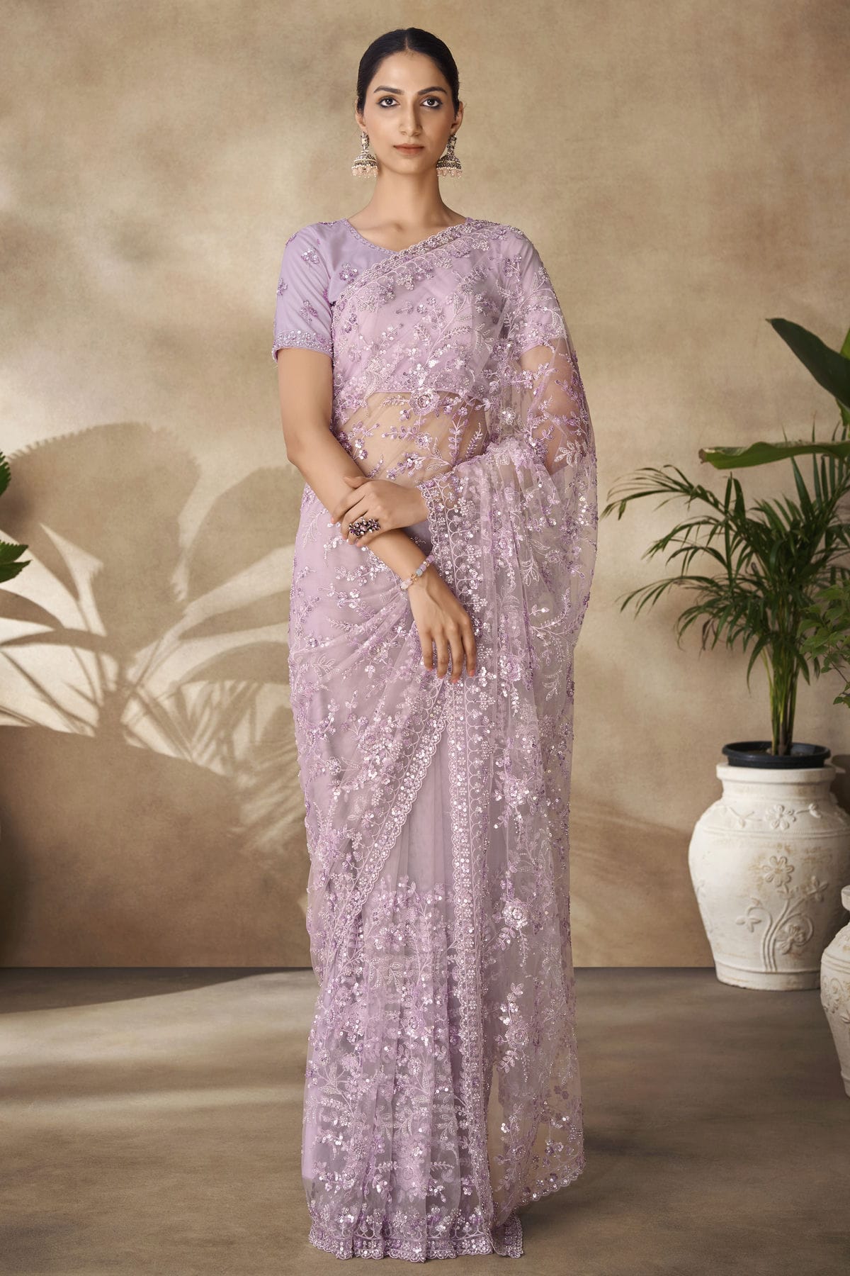 Lavender Colour Net Designer Saree