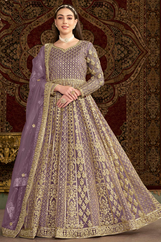 Lavender Colour Net Semi Stitched Anarkali Suit