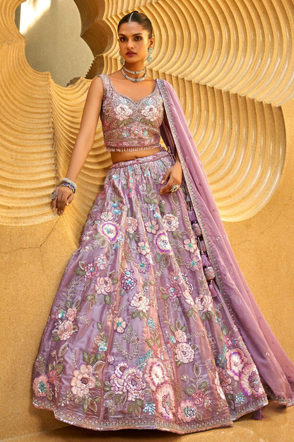 Lavender Colour Organza Embroidery Lehenga Choli