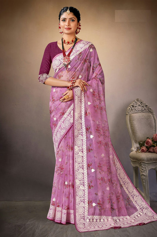 Lavender Colour Organza Printed Saree