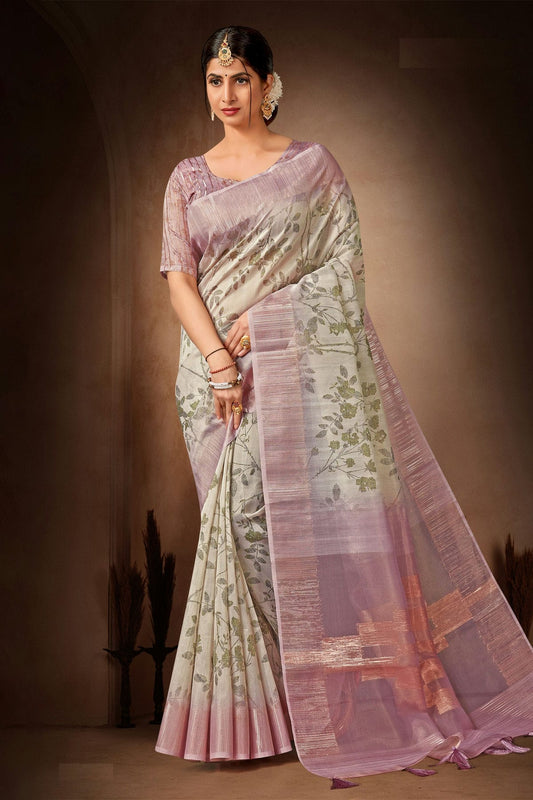 Lavender Colour Organza Printed Saree