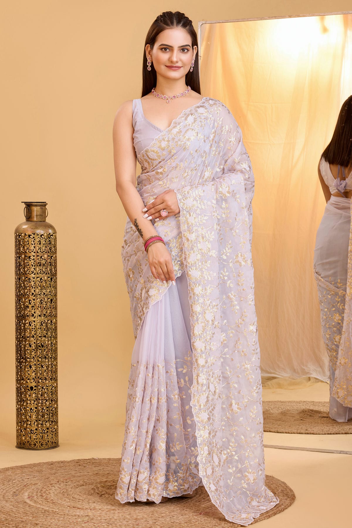 Lavender Colour Organza Saree