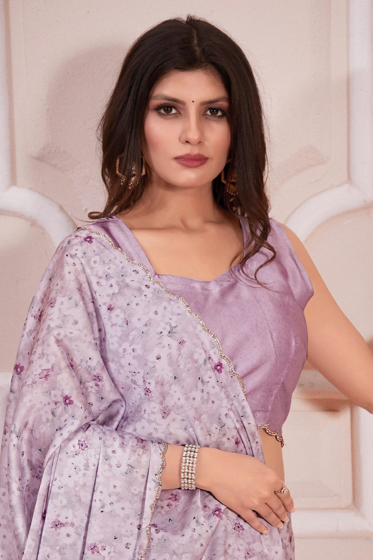 Lavender Colour Pure Satin Designer Saree