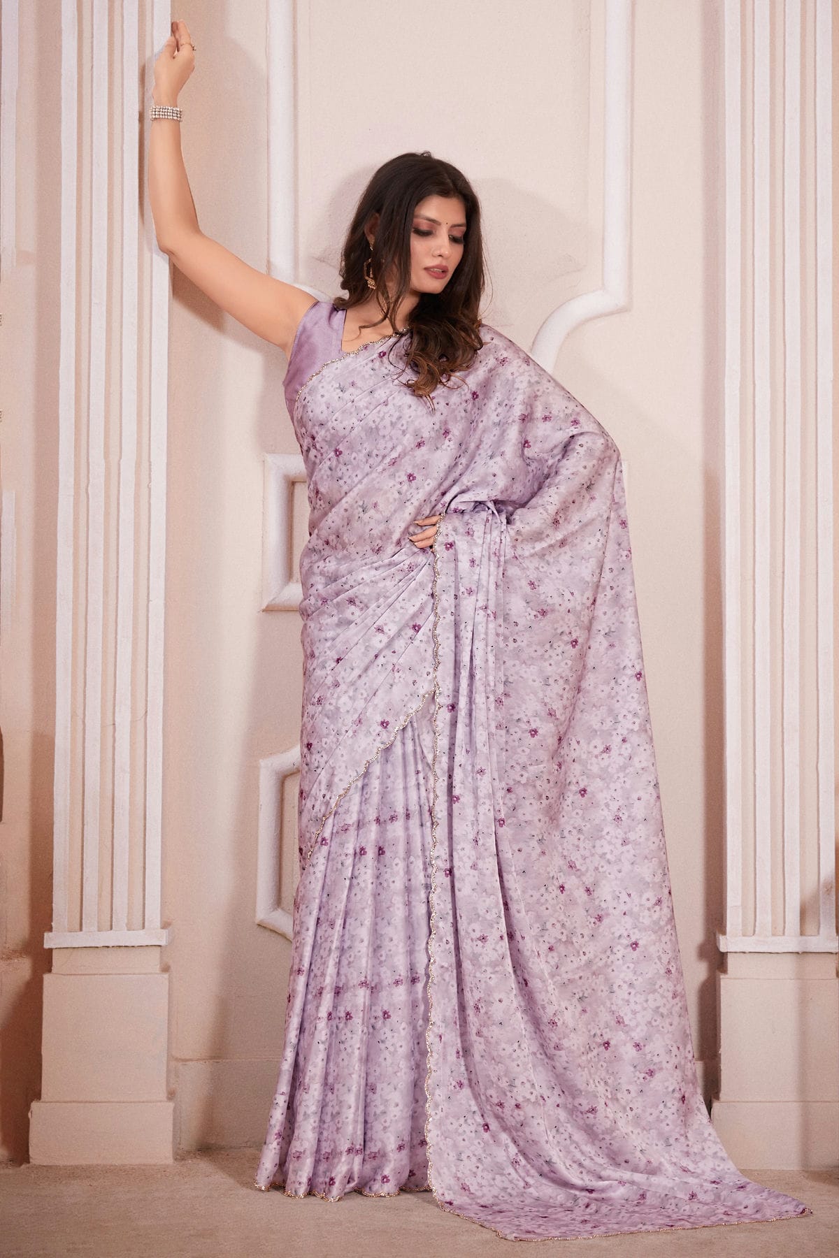 Lavender Colour Pure Satin Designer Saree