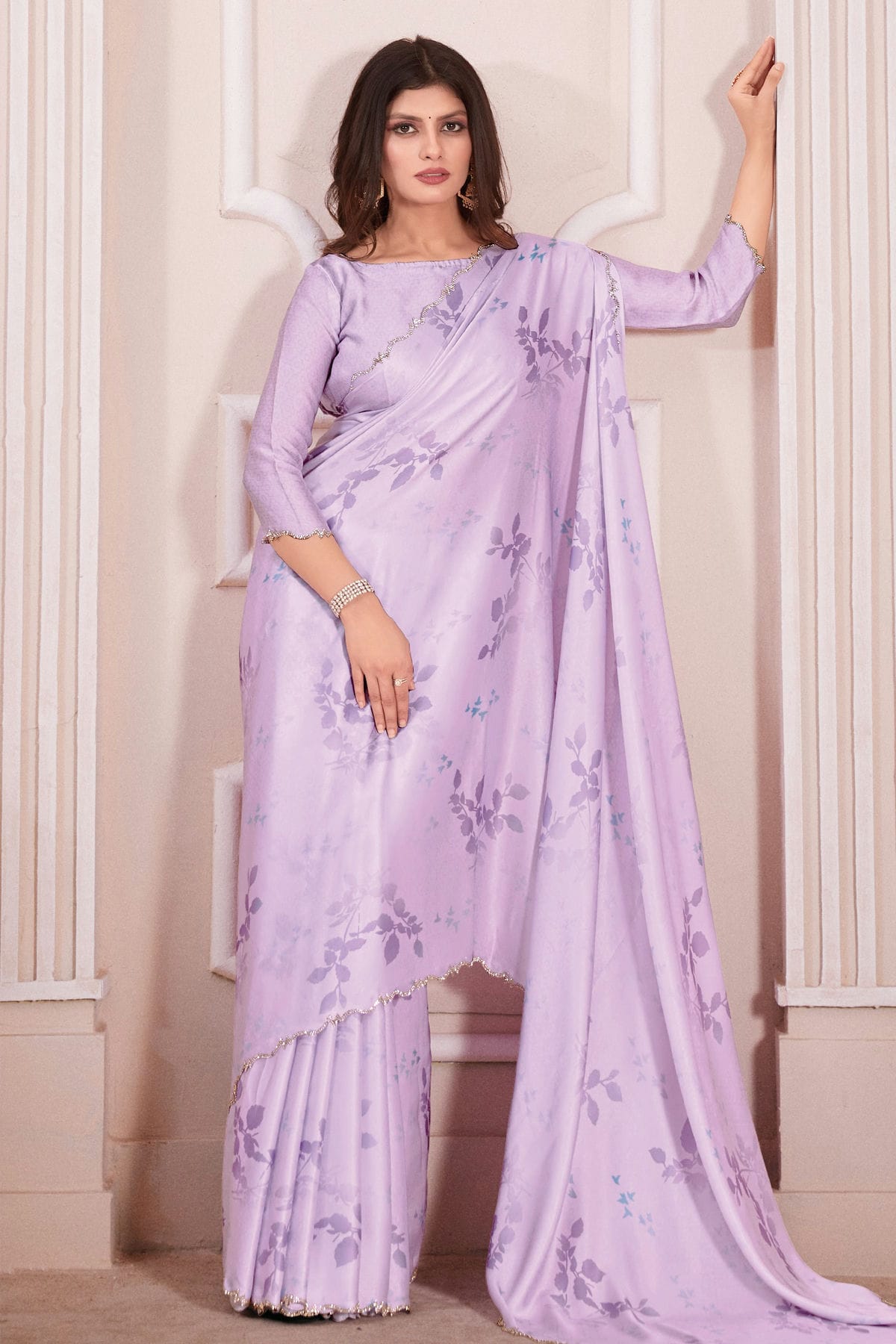 Lavender Colour Pure Satin Designer Saree