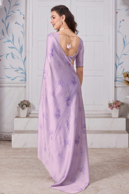 Lavender Colour Pure Satin Designer Saree