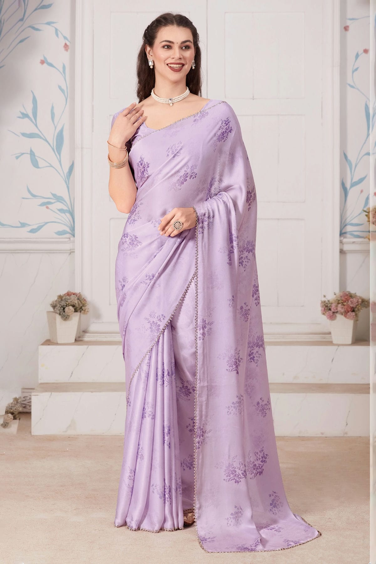 Lavender Colour Pure Satin Designer Saree