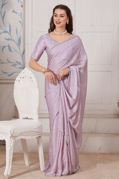 Lavender Colour Pure Satin Designer Saree