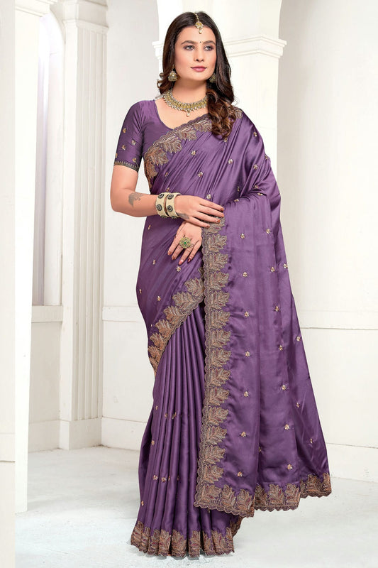 Lavender Colour Satin Designer Saree