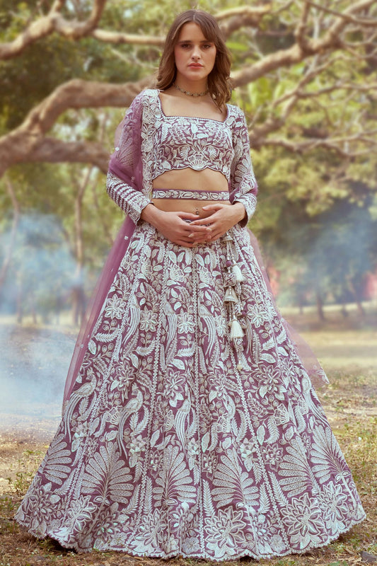 Lavender Colour Satin Embroidery Lehenga Choli