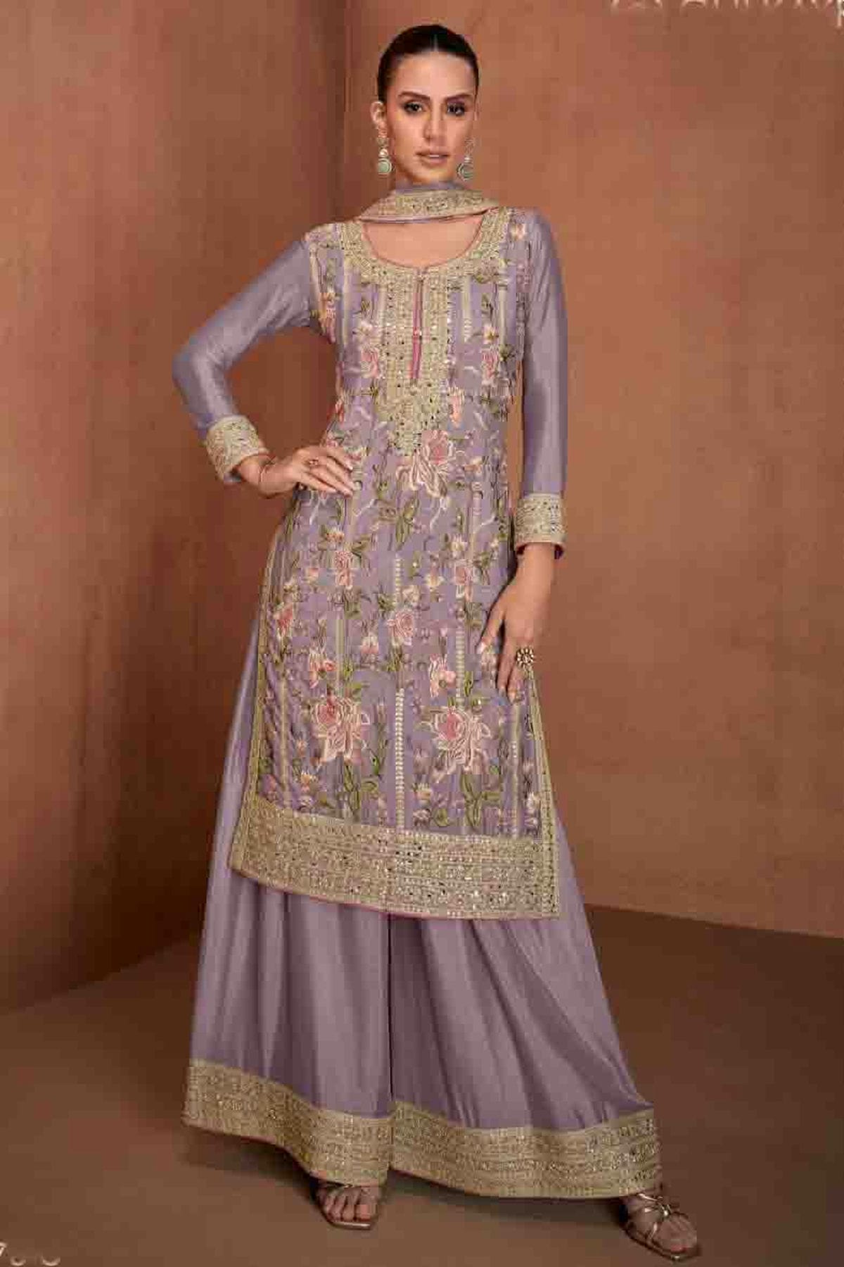 Lavender Colour Semi Stitched Chinon Palazzo Pant Suit VSSM1140653