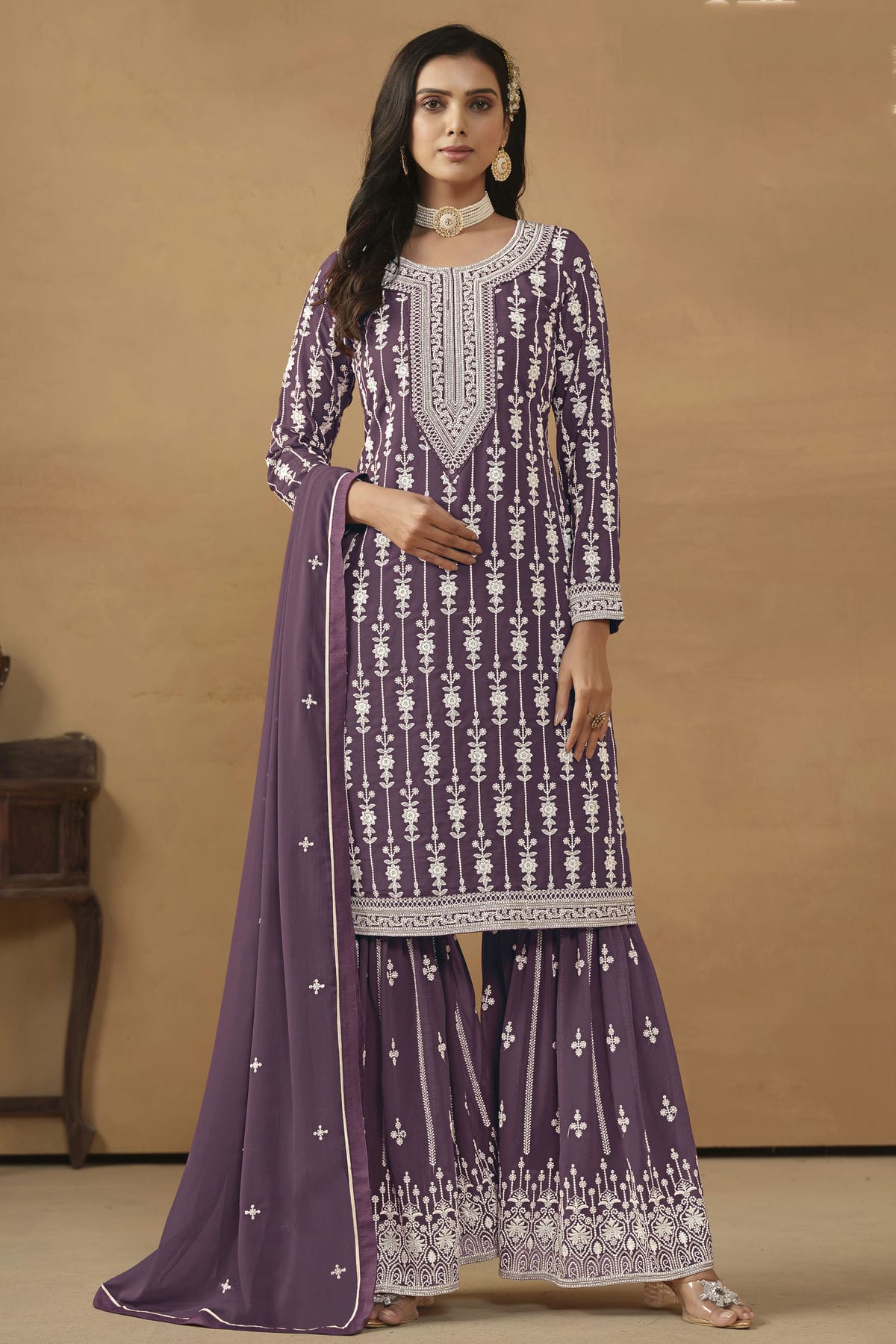 Lavender Colour Semi Stitched Faux Georgette Sharara Suit