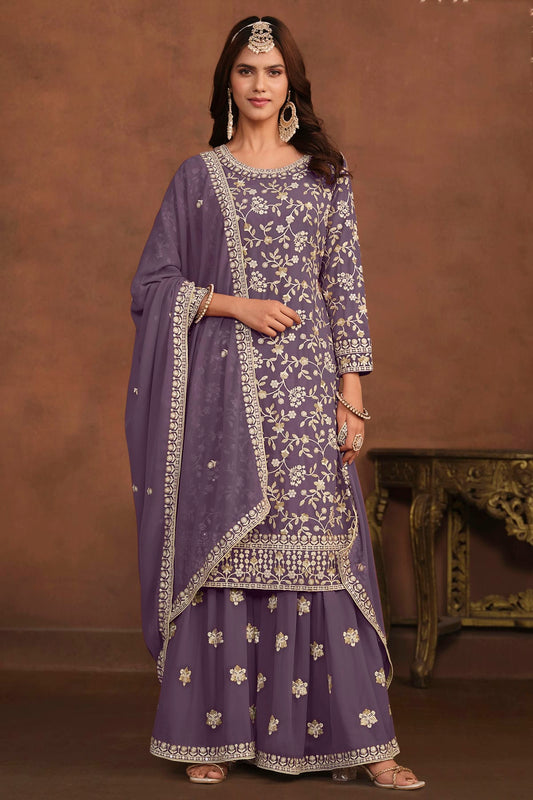 Lavender Colour Semi Stitched Faux Georgette Sharara Suit