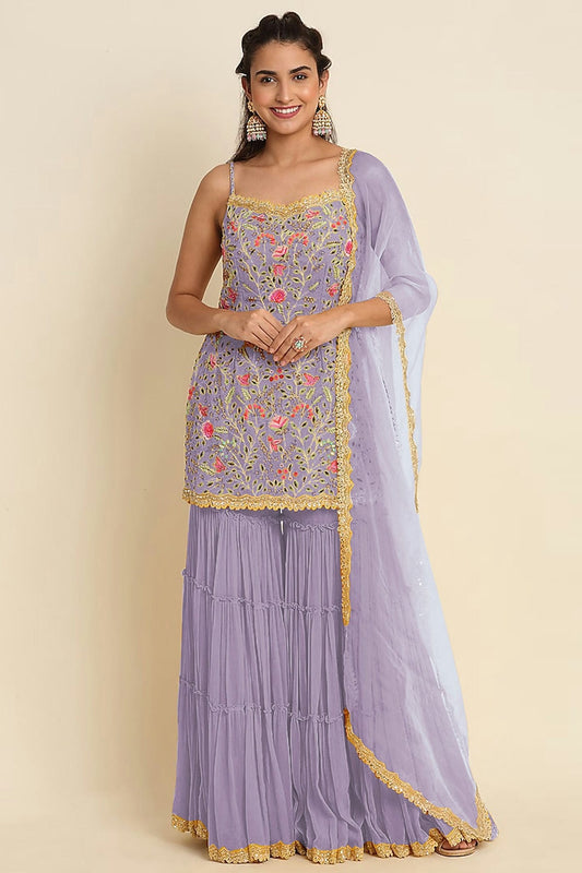 Lavender Colour Semi Stitched Faux Georgette Sharara Suit