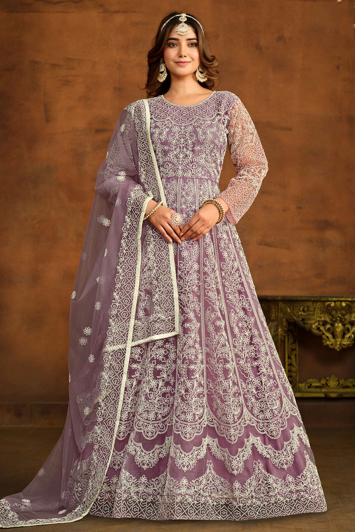 Lavender Colour Semi Stitched Net Anarkali Suit