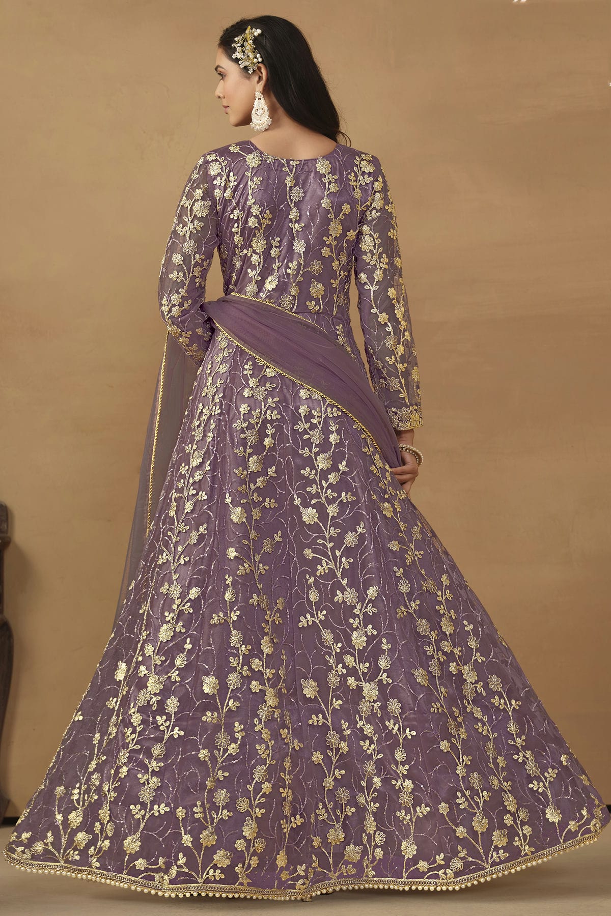 Lavender Colour Semi Stitched Net Pant Style Suit