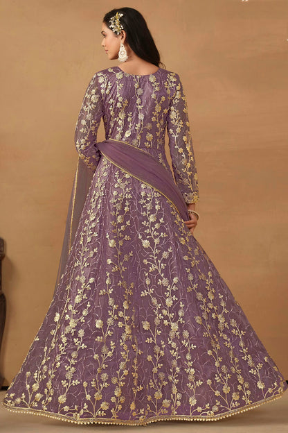 Lavender Colour Semi Stitched Net Pant Style Suit