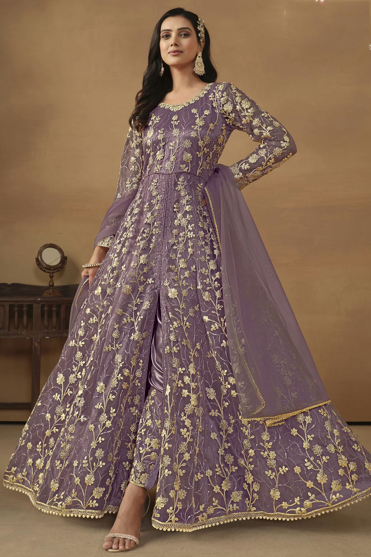 Lavender Colour Semi Stitched Net Pant Style Suit