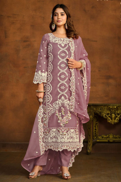 Lavender Colour Semi Stitched Organza Pant Style Suit