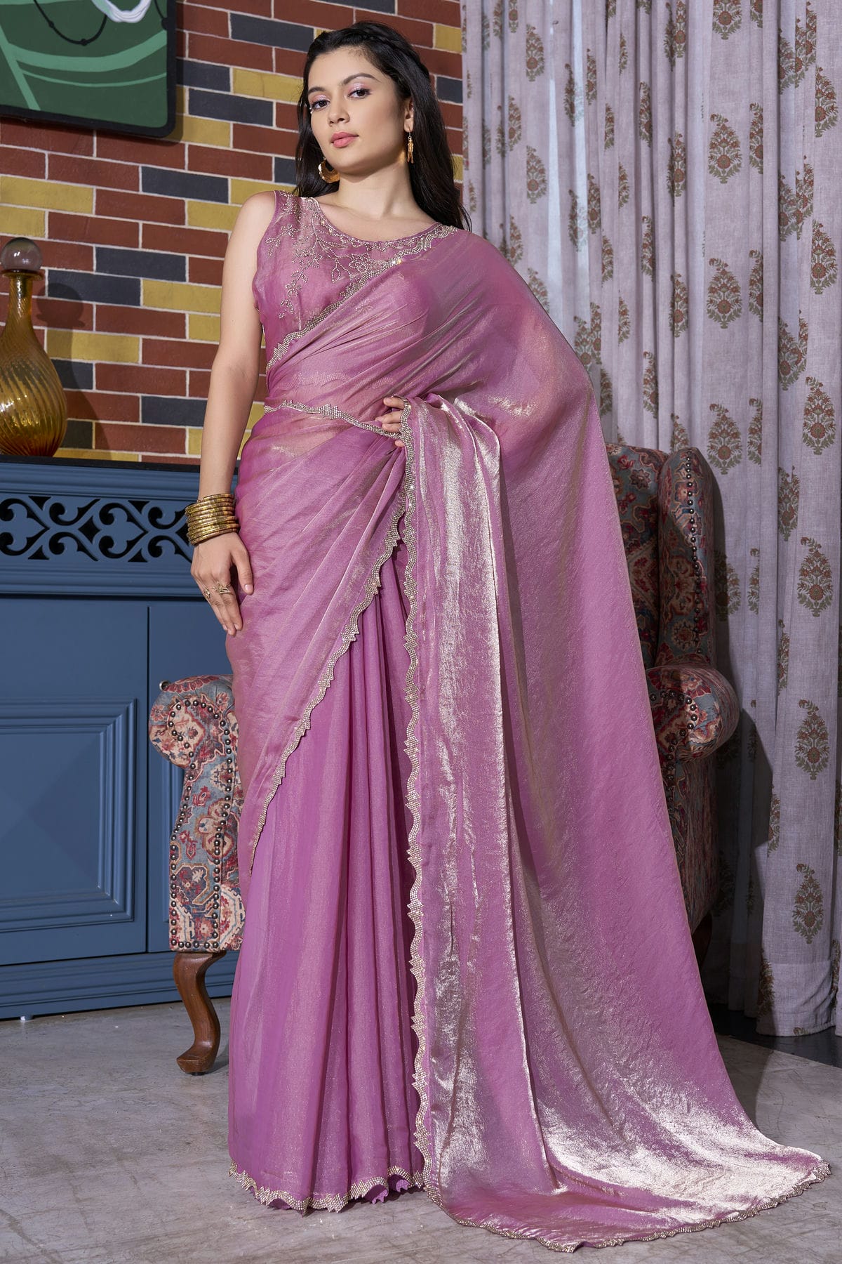 Lavender Colour Silk Designer Saree