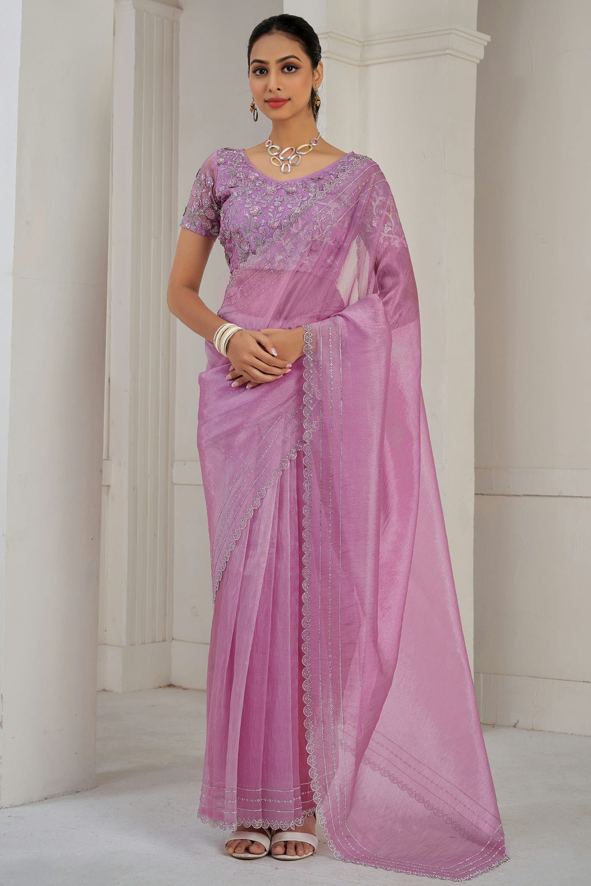 Lavender Colour Soft Organza Designer Saree