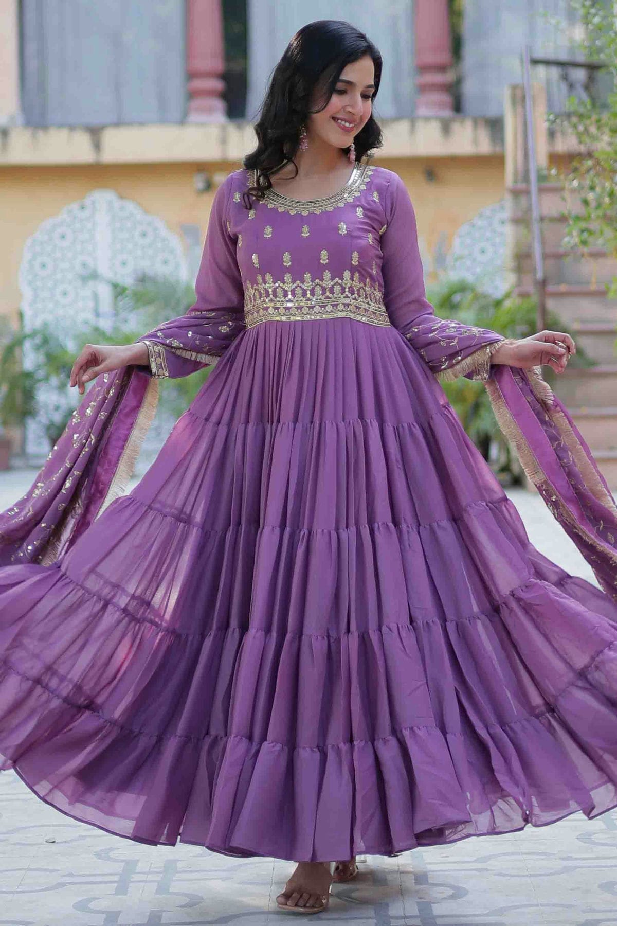 Lavender Colour Stitched Georgette Gown