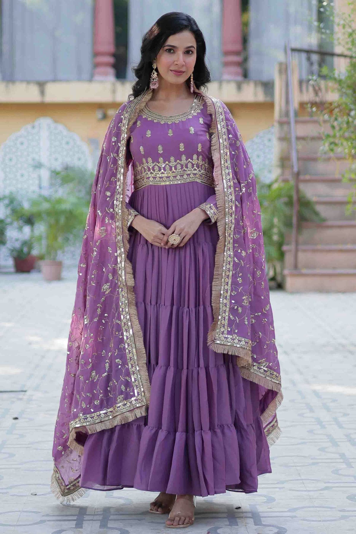 Lavender Colour Stitched Georgette Gown VSGW1112805