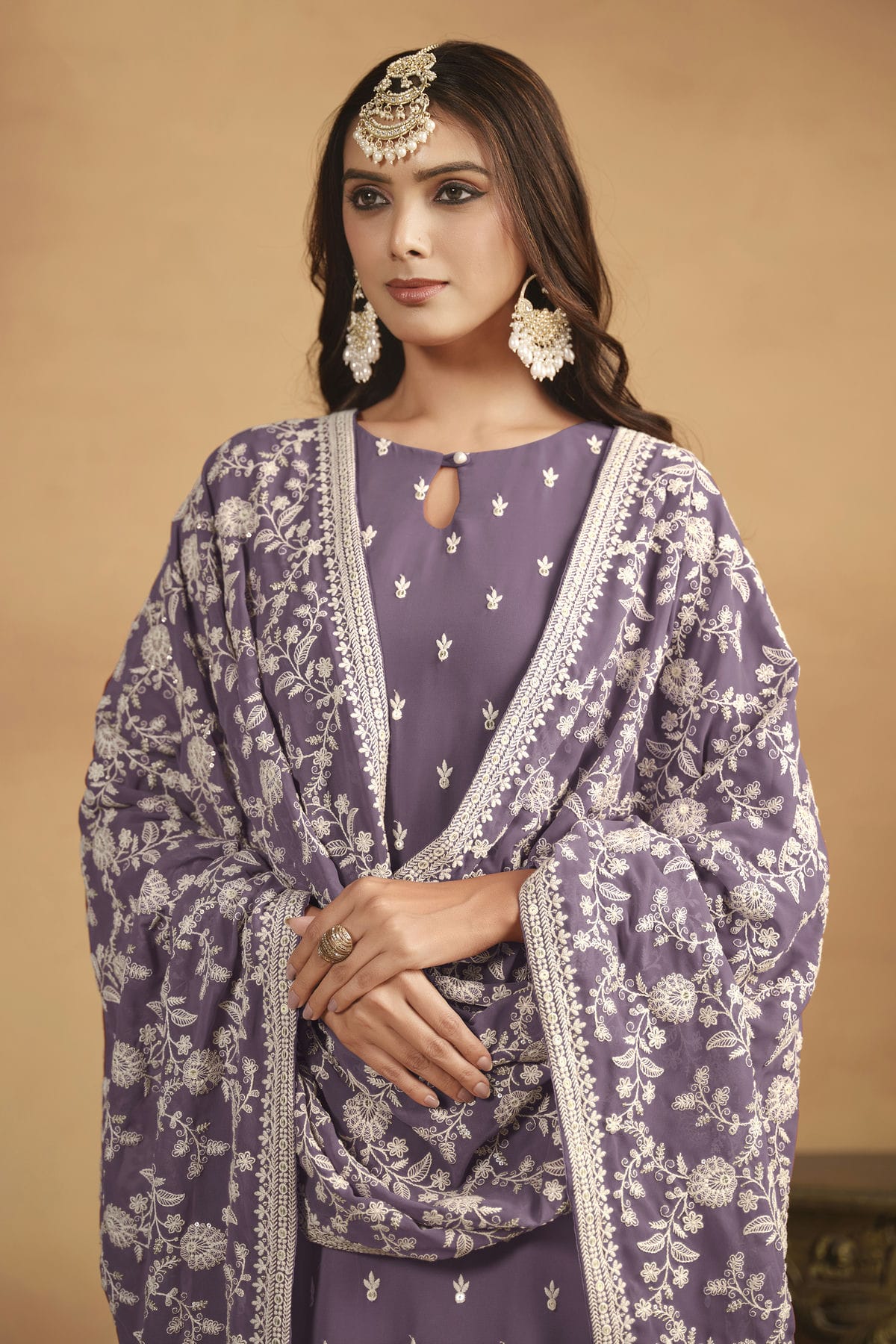 Lavender Colour Straight Suit Faux Georgette Semi Stitched