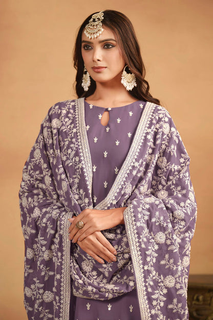 Lavender Colour Straight Suit Faux Georgette Semi Stitched