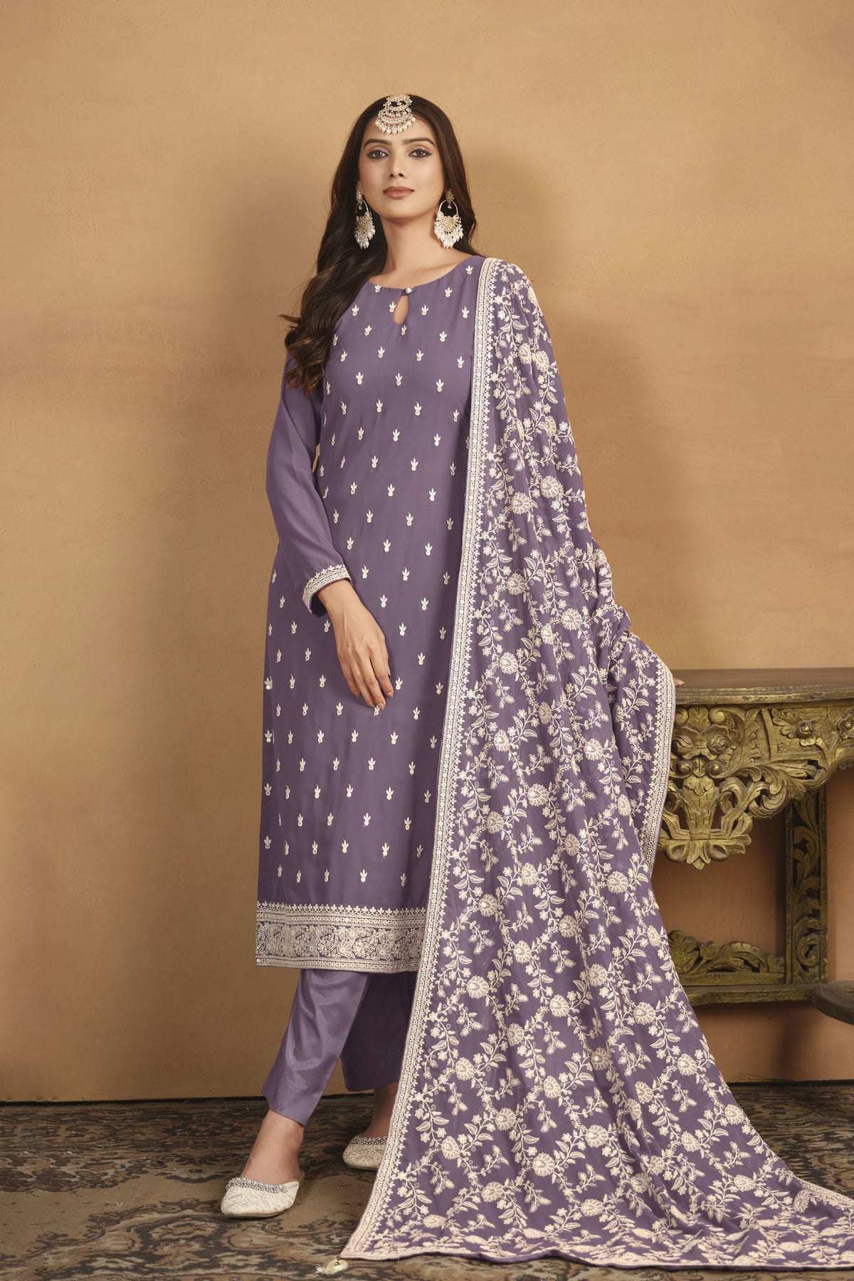 Lavender Colour Straight Suit Faux Georgette Semi Stitched