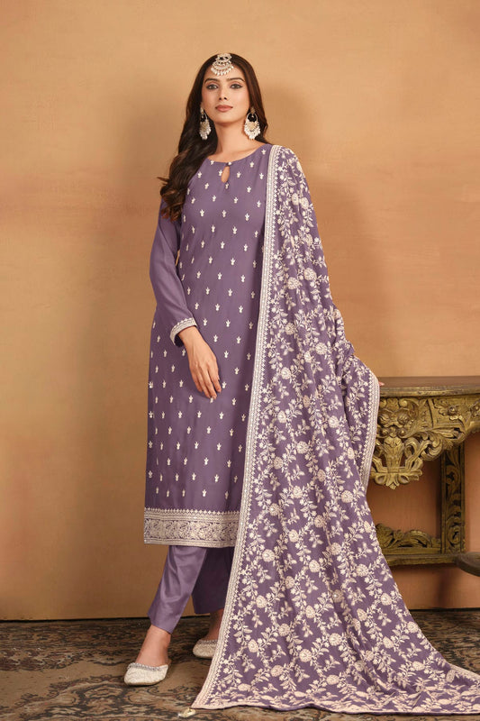 Lavender Colour Straight Suit Faux Georgette Semi Stitched