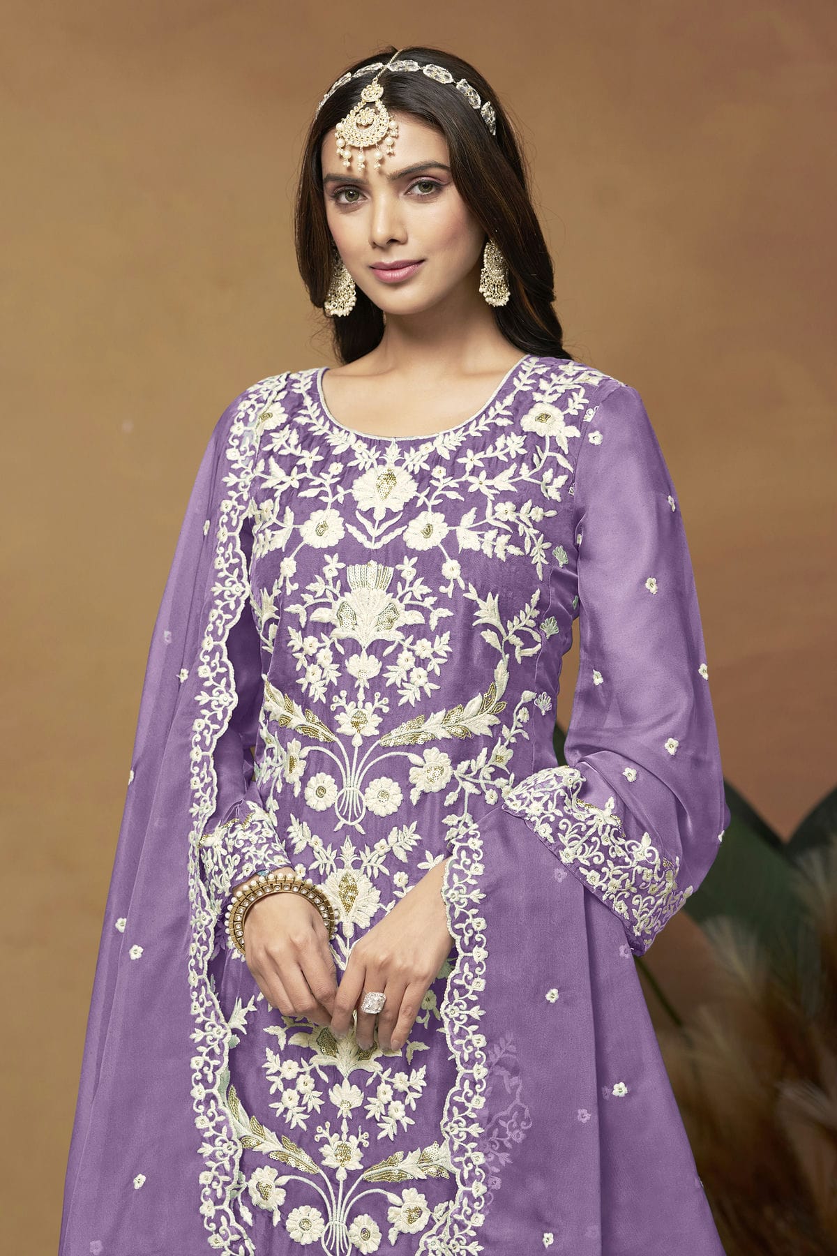 Lavender Colour Straight Suit Soft Organza Semi Stitched