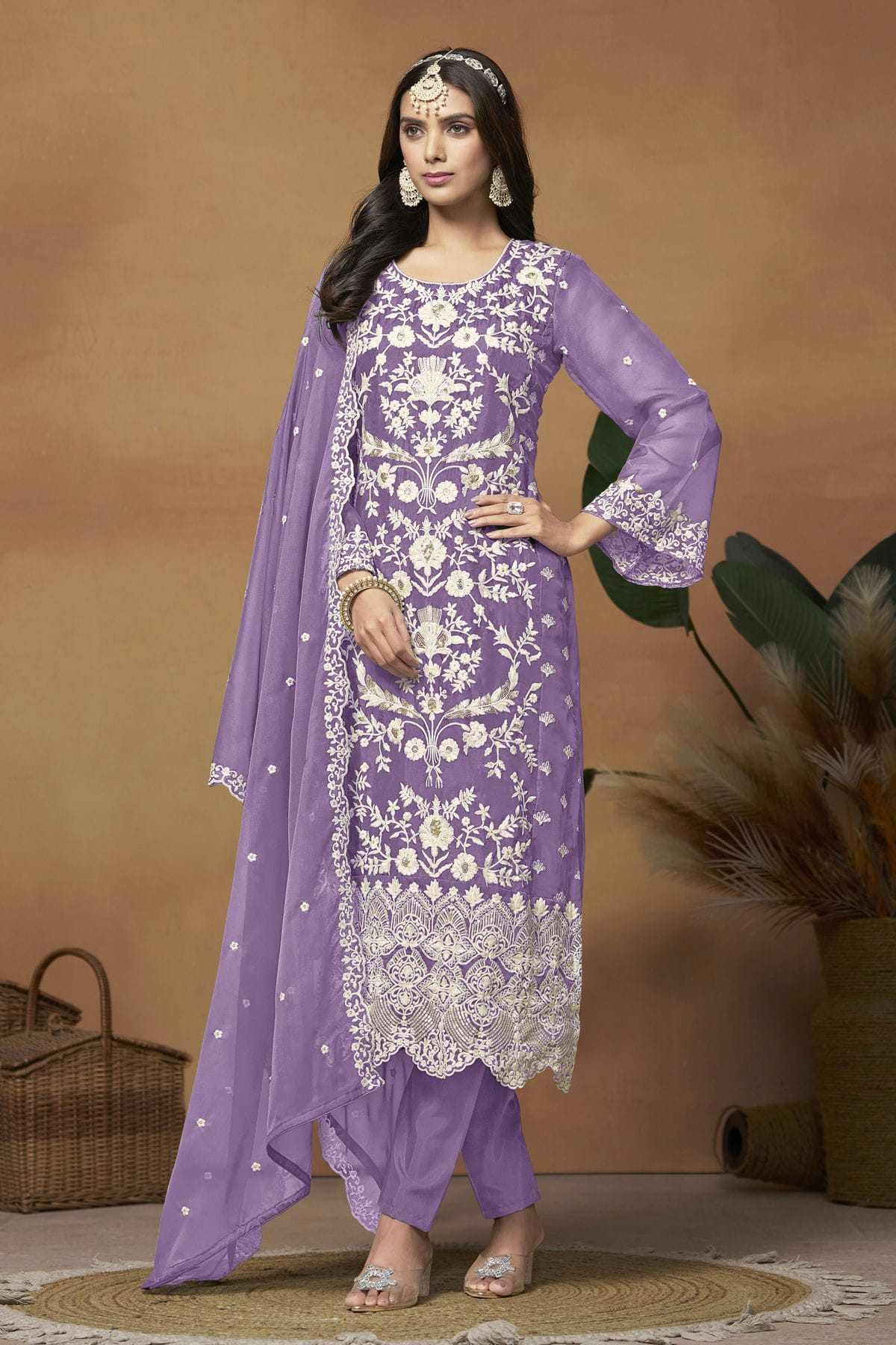 Lavender Colour Straight Suit Soft Organza Semi Stitched