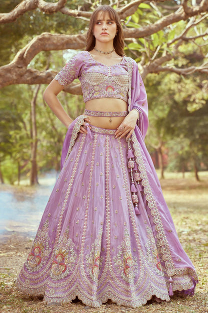 Lavender Colour Tissue Embroidery Lehenga Choli