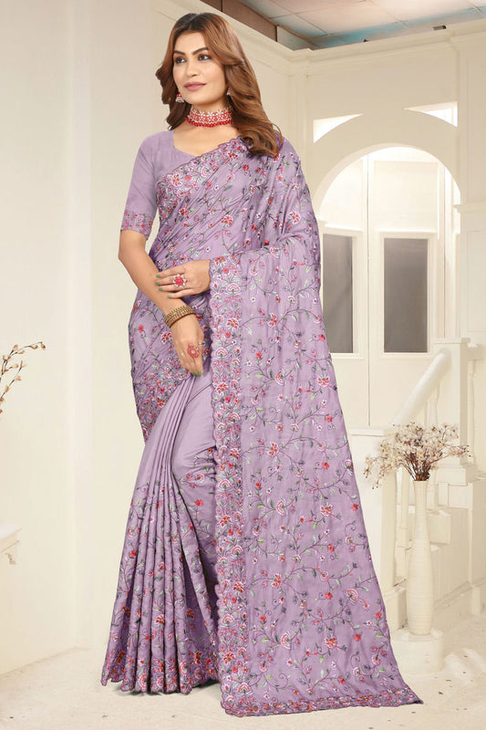 Lavender Colour Tusser Silk Designer Saree