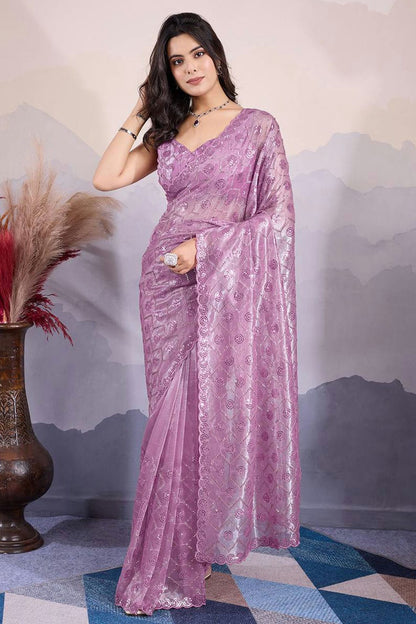 Lavender Colour Twill Net Sequins Work Saree